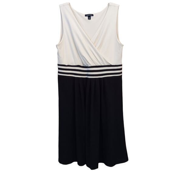 LANDS' END Dress Size LG Surplice Pleats Stretchy Knit Cream Black Striped Waist - Picture 7 of 7